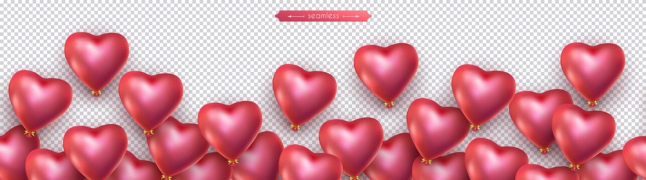 Valentines day, birthday, anniversary seamless border, flying helium red balloons in the shape of heart. Horizontal seamless isolated vector pattern, transparent background