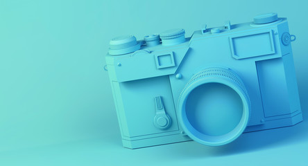 3d render illustration. Digital blue photo camera on blue background