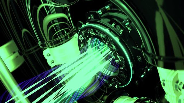 Futuristic technological concept, close up of rotating laser with shining beams surrounded by spinning pipes. Animation. Green neon laser rotating and glowing.