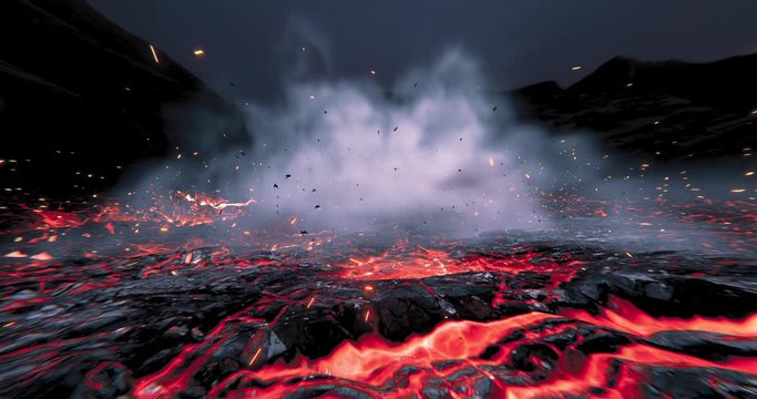 Eruption in the lava red hot liquid. 3d rendering