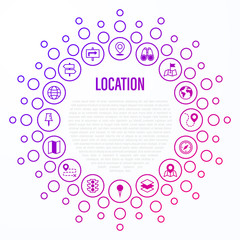 Location and navigation concept in circle shape. Thin line icons: pointer, pin, folded map, compass, route, flag, direction, search, traffic light, globe. Vector illustration with copy space.