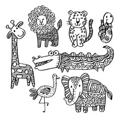 Ornate black and white silhouettes of African wild animals