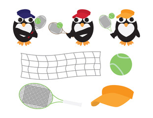 Cute Vector Penguin with Tennis Racket, Ball and Net on White Background