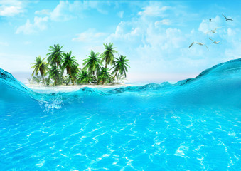 Fototapeta na wymiar View of sandy beach on a small island with coconut palms. Crystal clear waters of the tropical sea. Splashing waves. 3D illustration.