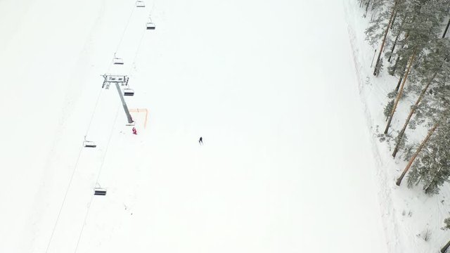 Alpine skiing, pine forest, winter, mountains, fog, Cableway