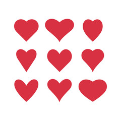 Set of red hearts icons. Love symbols. Vector illustration.