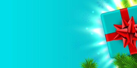 Gift box and magic light fireworks and confetti Christmas background.