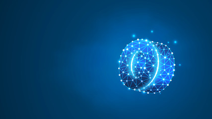 Alphabet letter O. Design of a lowercase letter. Banner, template or a pattern. Abstract digital wireframe, low poly mesh, vector blue neon 3d illustration. Triangle, line dot