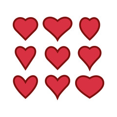 Set of red hearts icons. Love symbols. Vector illustration.