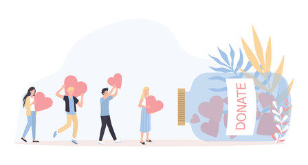 Donation concept. Little people holding hearts as a methaphor of philanthropy. - obrazy, fototapety, plakaty