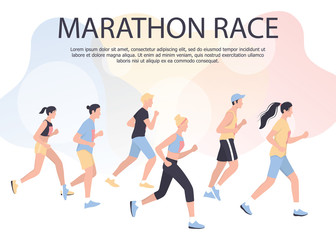 Marathon poster design concept. People run a marathon, jogging man and woman.
