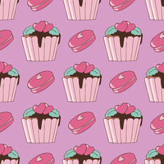 Vector seamless pattern with cute cupcake with hearts and macaroons. Colorful image on pink background. Design for Greeting cards, Scrapbooking, Textile, Wrapping paper, wallpaper, Invitations.