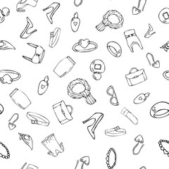 Seamless vector pattern. Hand drawn doodle fashion elements black outline on white background. Design for prints, package, wrapping paper, greeting cards etc.