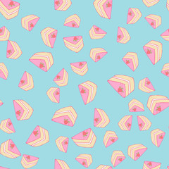 Vector seamless pattern with cute strawberry cake piece. Colorful image on blue background. For Greeting cards, Scrapbooking, Textile, Wrapping paper, Invitations.