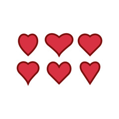 Set of red hearts icons. Love symbols. Vector illustration.