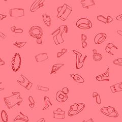 Seamless vector pattern. Hand drawn doodle fashion elements on pink background. Design for prints, package, wrapping paper, greeting cards.