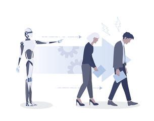 Fototapeta premium Robot is the boss and employees work for it. Tired office workers