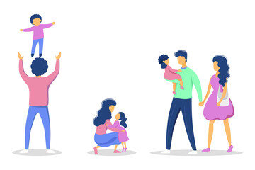 Set of family leisure with various situations. Girl and boy having fun