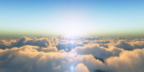 Beautiful aerial view above clouds with sunset. 3d illustration