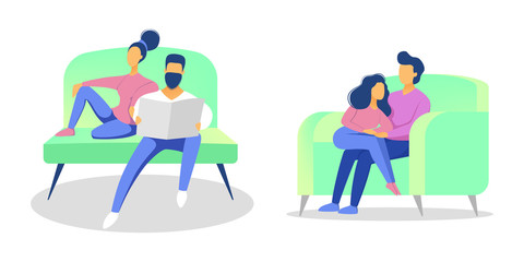 Family couple sitting at home on couch together.