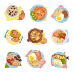 Different Dishes Served on Plates Top Viewed Vector Set