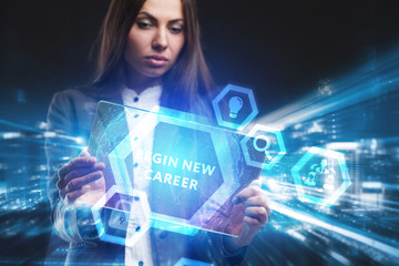 Business, Technology, Internet and network concept. Young businessman working on a virtual screen of the future and sees the inscription: begin new career