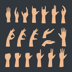 Set of hands showing different gestures. Palm pointing at something