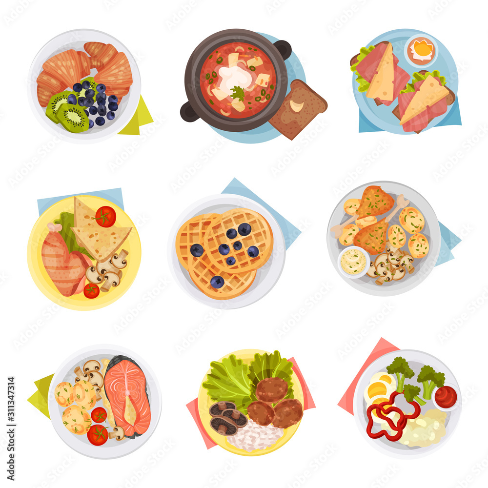 Wall mural different dishes served on plates top viewed vector set