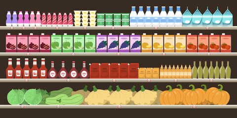 Supermarket shelves with various products. Groceries on shelves.