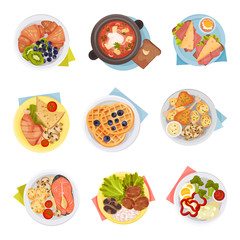 Different Dishes Served on Plates Top Viewed Vector Set
