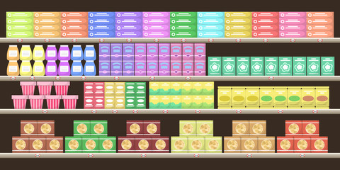 Supermarket shelves with various products. Groceries on shelves.