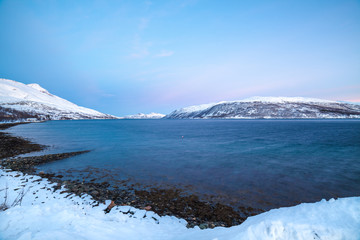 beautiful view over fjord. Tromso, Norway. Polar night. long shutter speed
