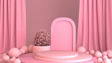 3d render of party design composition. 3d pink background with arch, plants, curtains.