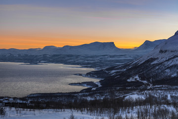 beautiful view over fjord. Abisko, Sweden. Polar night. long shutter speed