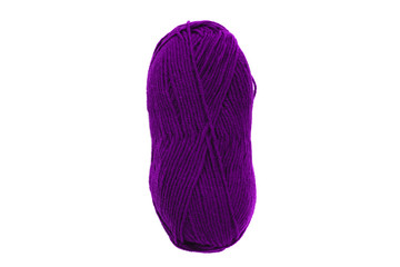 Purple yarn skein for hand knitting and crochet on white background isolated. Ball of dark violet soft wool with needles. Twisted hank of colorful thread for handmade craft. Copy space.