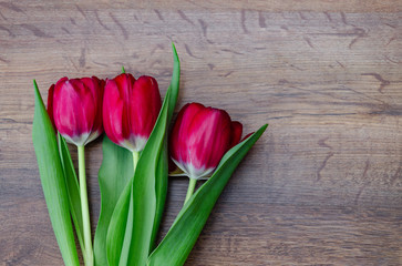 red tulip flowers in a bouquet on a wooden background