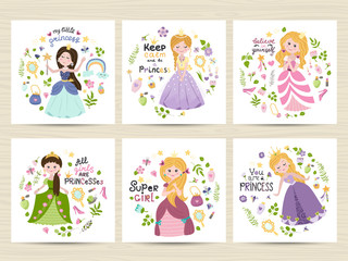 Set of cards with cute princesses