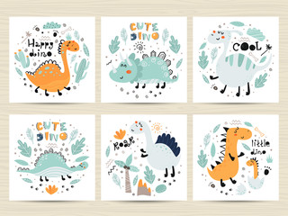 Set of posters with cute dinosaurs and letterings.