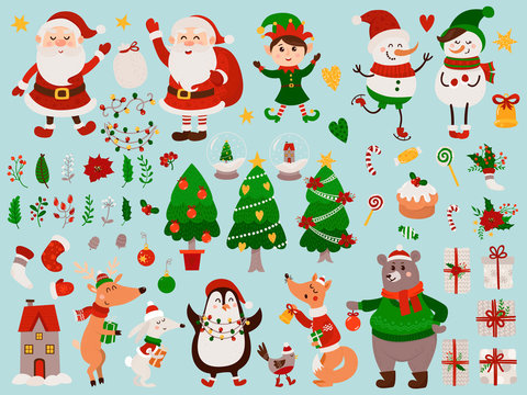Big Christmas set with isolated cute forest animals, gnome, Santa Claus and different items