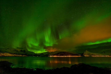 beautiful northern lights, Aurora borealis over the mountains in the North of Europe - Lofoten islands, Norway