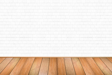 Empty living room with wooden floor and white painted brick wall background. For design interior.