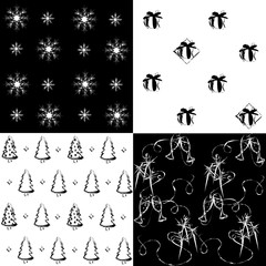 Simple monochrome christmas patterns pack: christmas trees, champagne glasses and sparklers, gift boxes, snowflakes
