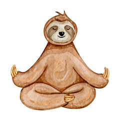 Watercolor hand drawn cute sloth doing yoga isolated on white background © alinaosadchenko