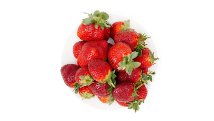 Large, ripe strawberries. Isolated. Juicy dessert, healthy vegetarian food. Bright, colorful breakfast. Strawberries on a white plate, isolated background. Organic, natural food.