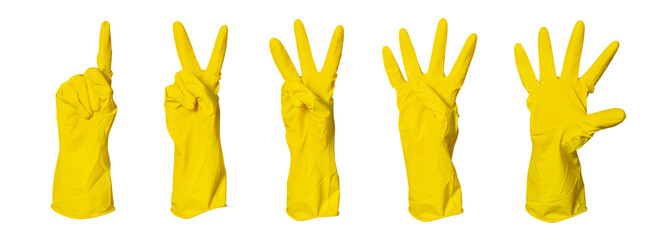 Set Yellow rubber glove for cleaning shows gesture on a white isolated background. Score from one...