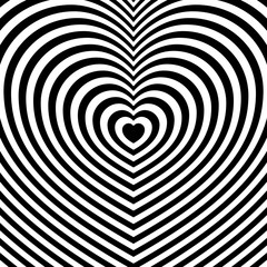 Striped heart shaped pattern. Fashionable ornament with the effect of illusion. Repeating black and white lines. Flat minimalism.
