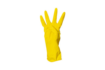 Yellow rubber glove for cleaning shows a gesture on a white isolated background. Four fingers