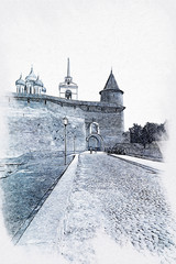 Imitation of a picture. Graphics. The ancient Kremlin (Krom) in the city of Pskov