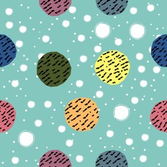 Cute Hand Drawn Pattern with colorful Balls on dark background.
