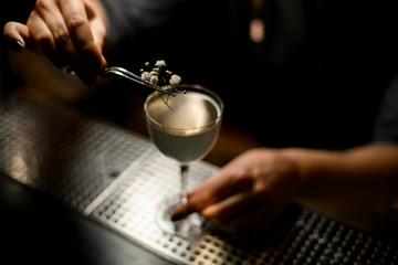 Professional bartender girl decorated the murky transparent alcoholic cocktail drink with a twig...